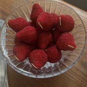 Decorative Red Beaded Pears in Glass Bowl-18 pears